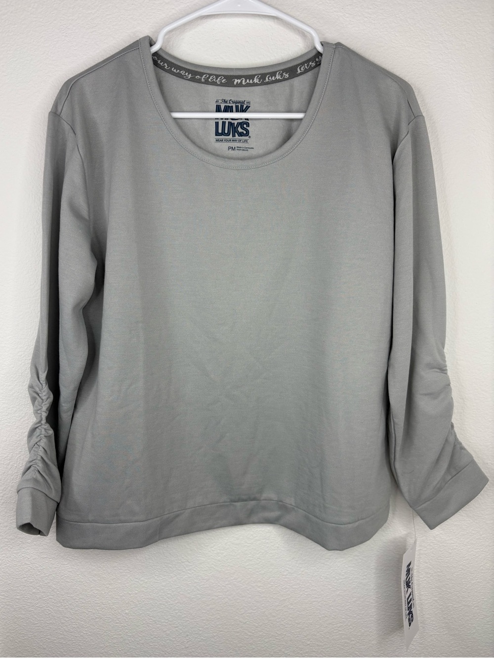 Muk Luks Butter Knit Ruched Sleeve Pullover Sweater - Light Gray *NWT*